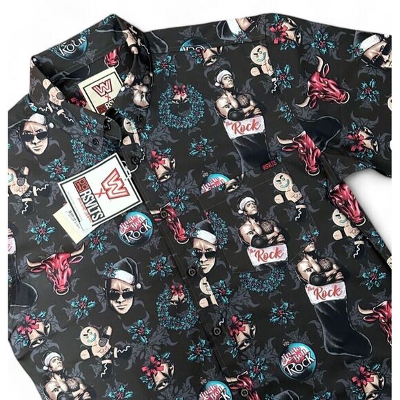 WWE RSVLS The‎ Rock Holiday Christmas Button-Down Men's Black Shirt Sz M